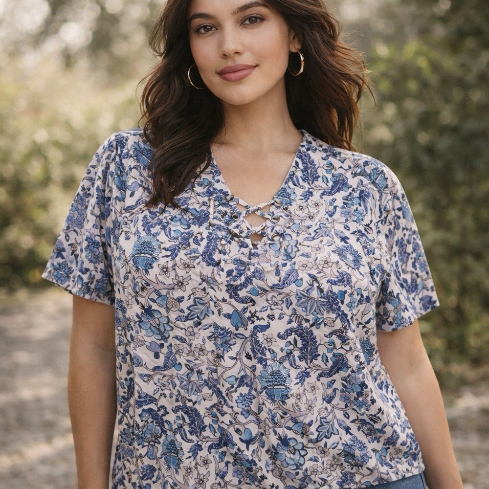 Knox Rose Lace Up Blouse Size M Blue Floral Short Flutter Sleeve Boho Shirt