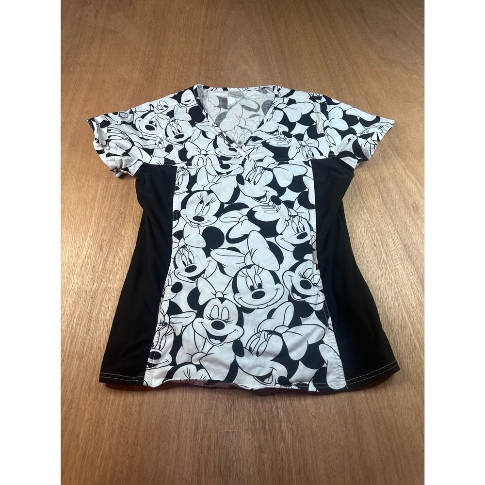 Disney Minnie Mouse Womens Medical Scrub Top Black White Character V-Neck Pocket