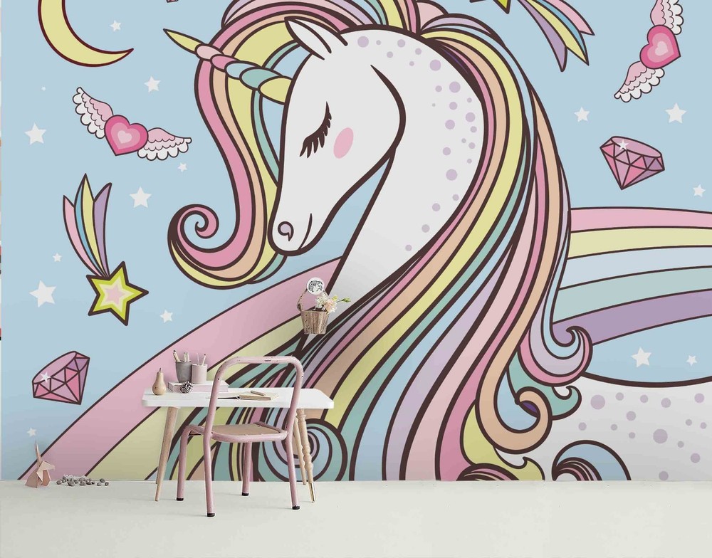 3D Rainbow Unicorn Cartoon Watercolor Wall Murals Wallpaper Murals Wall Sticker