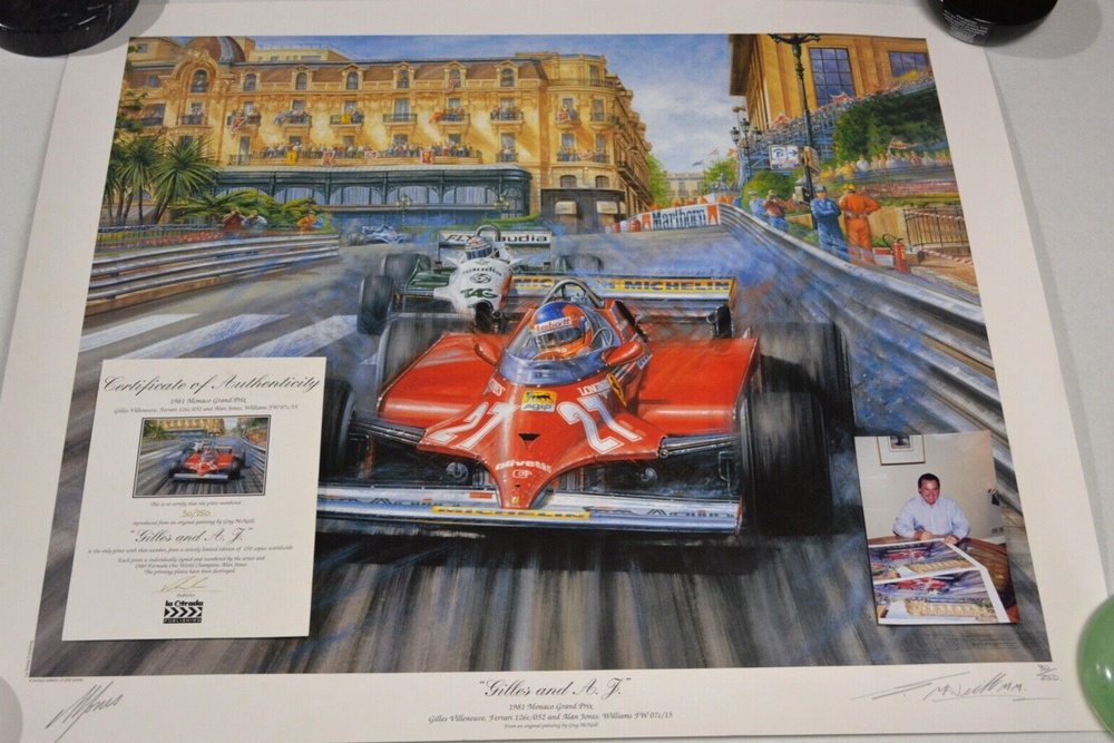 1981 Monaco GP F1 Gilles & AJ Print Signed Greg McNeill 30/250 COA 80x67.5cm