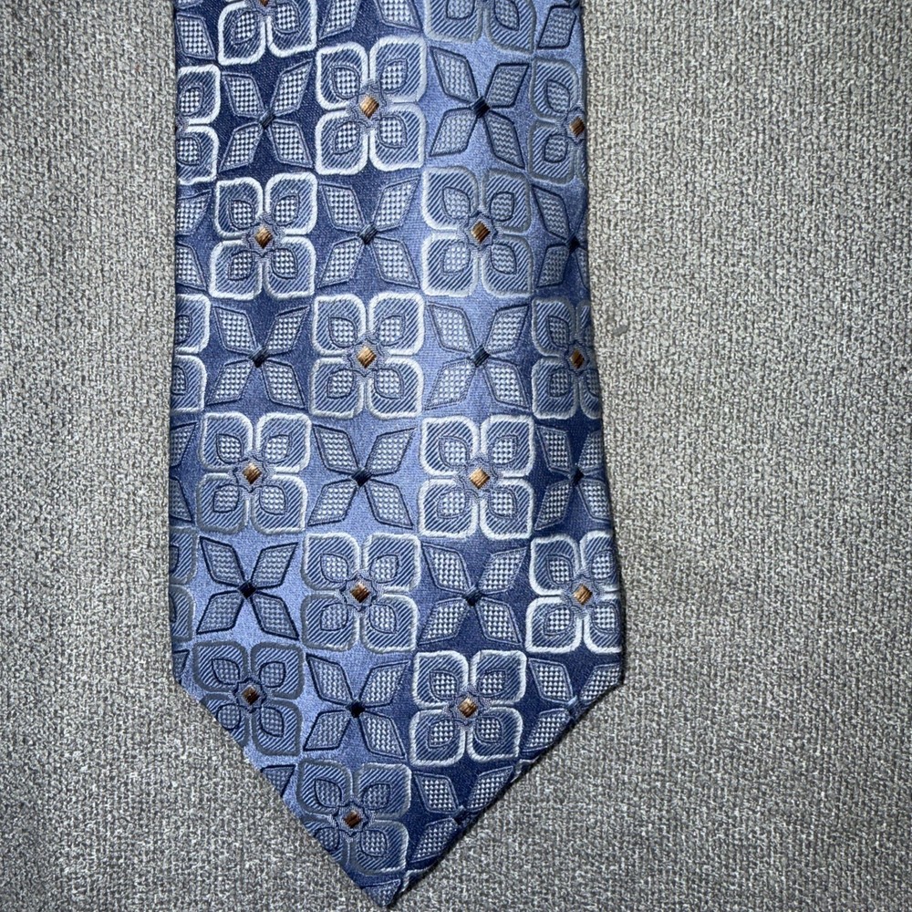 Ermenegildo Zegna Silk Tie Blue Silver Geometric Medallion Made in Italy Mens