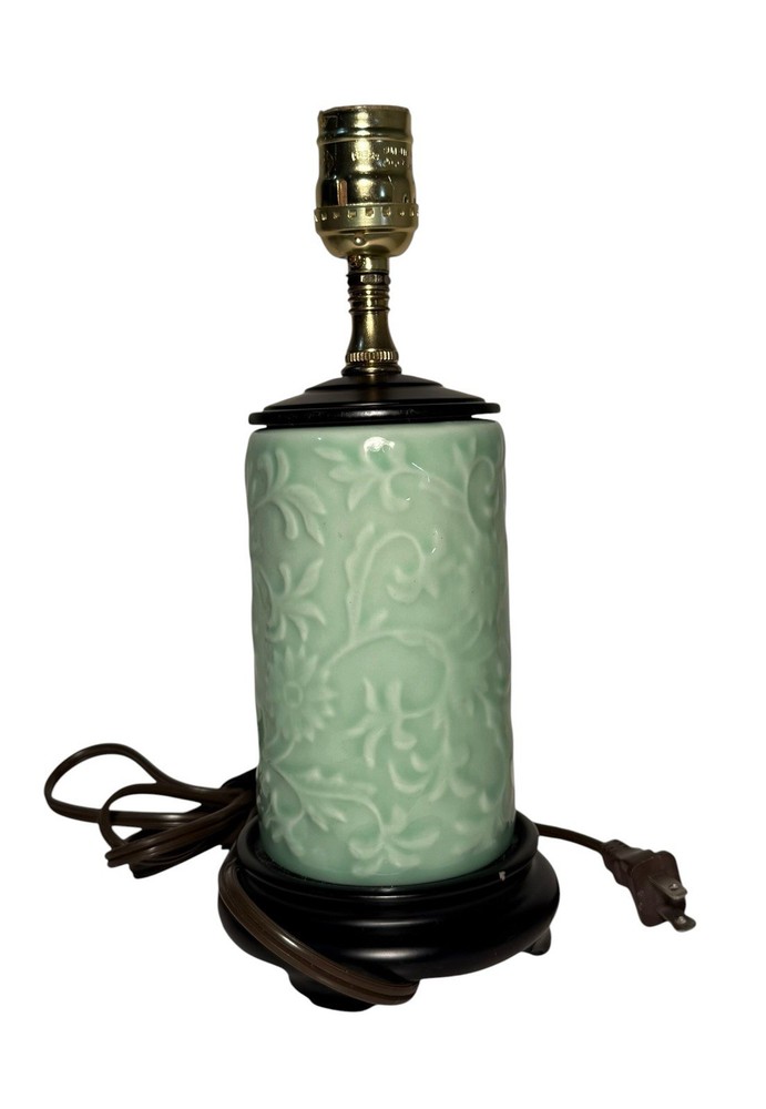 Celadon Green Ceramic Table Lamp w/Raised Floral Relief Underlay Design