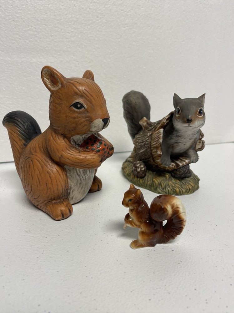 Vintage 3 Squirrel Figurines Homco Squirrel in Log Squirrel With Seed Miniature