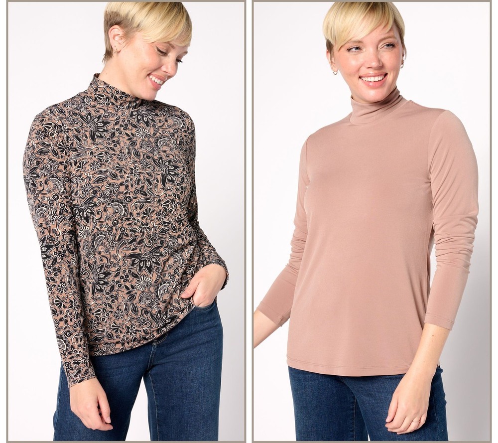 Susan Graver Women's Top Sz XL Print Solid Liquid Knit Mock-Neck Brown A618799