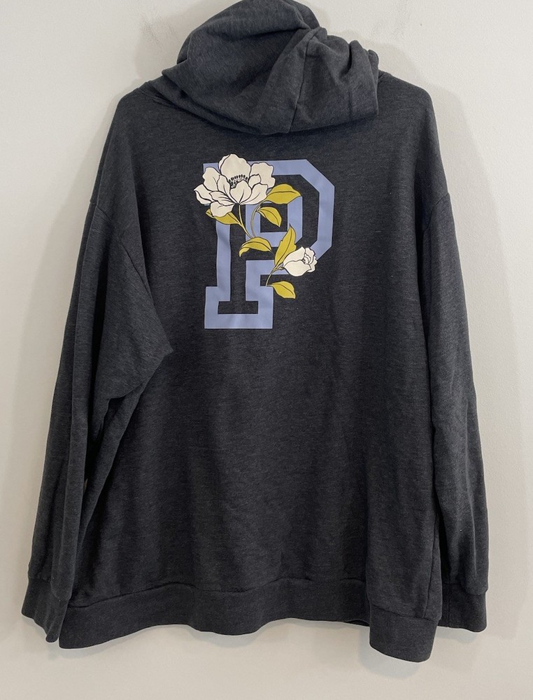 Victoria's Secret PINK Campus Hoodie XL Fleece floral dark gray pullover logo P