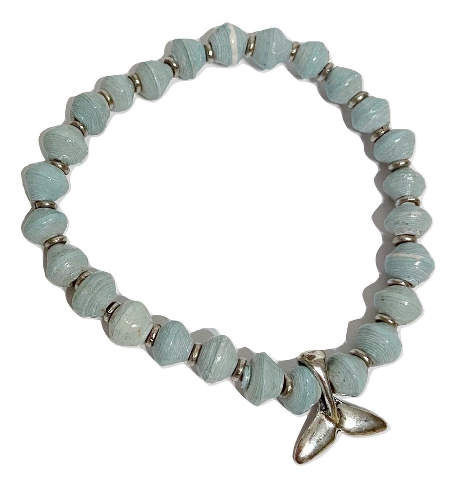 Acacia Creations Fair Recycled Paper Beads Whale Tail Charm Sky Blue Bracelet-image