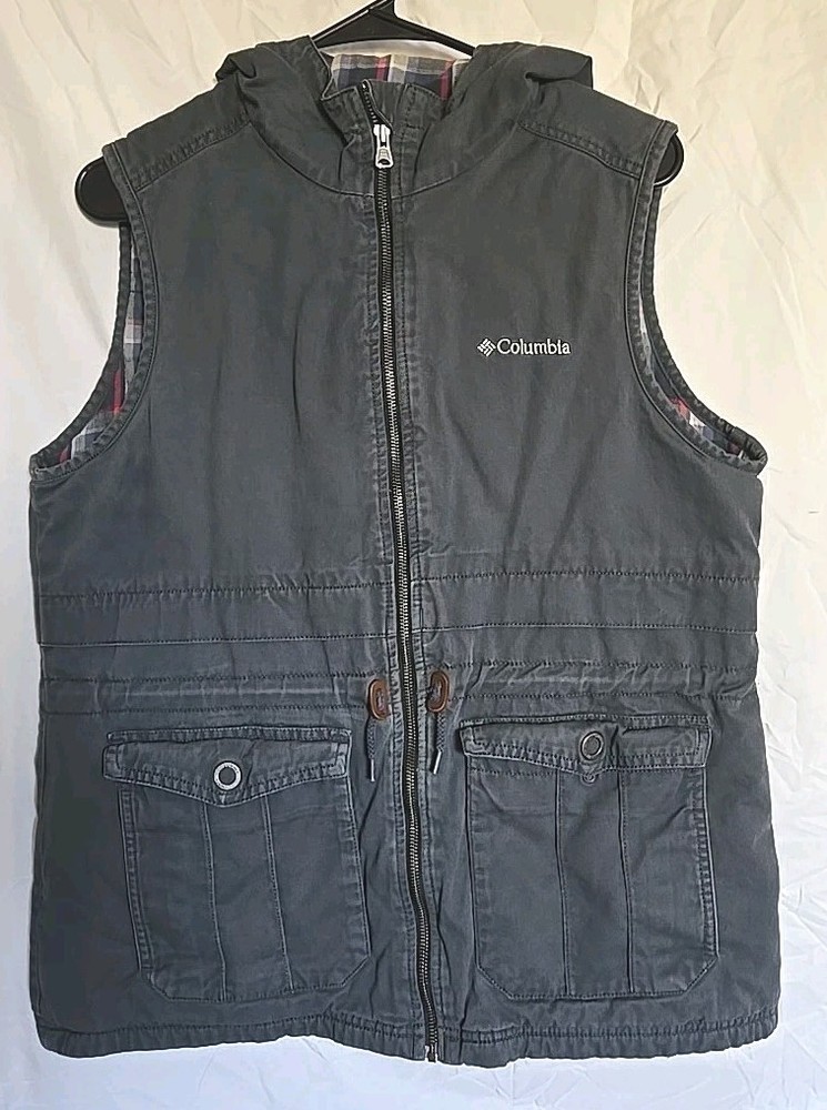 Columbia Hooded Vest Full Zip Plaid Flannel Lining Women's L Adjustable  Waist