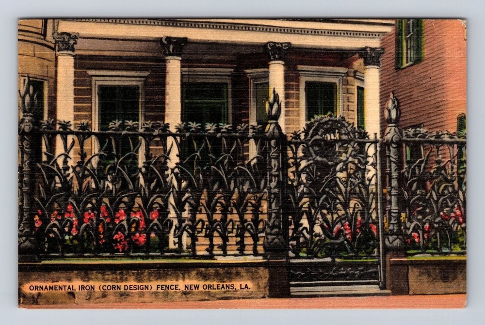New Orleans LA-Louisiana, Ornamental Iron (Corn Design) Fence, Vintage Postcard