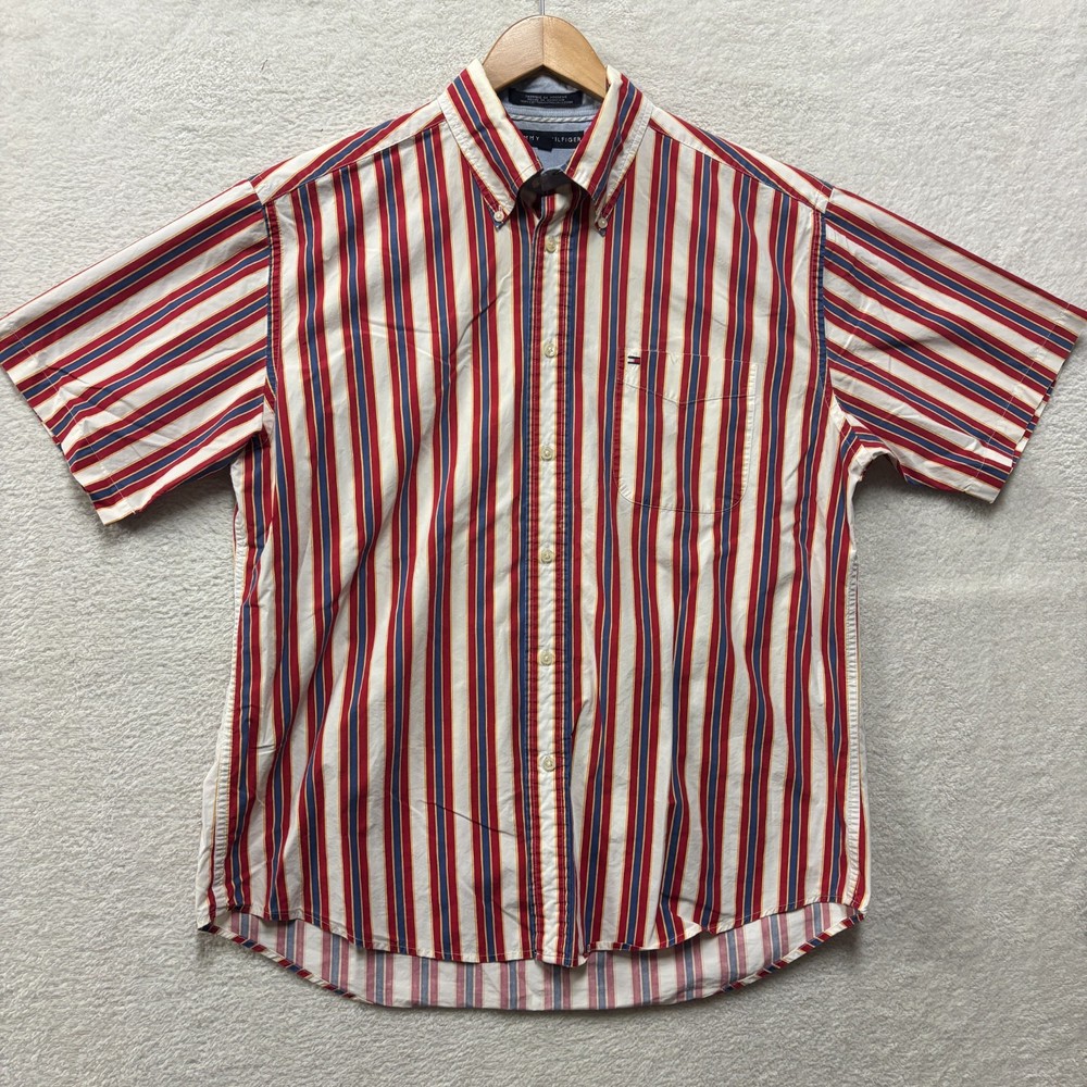 Vintage 90s Tommy Hilfiger Striped Shirt Mens XL Short Sleeve Button Down Flag
