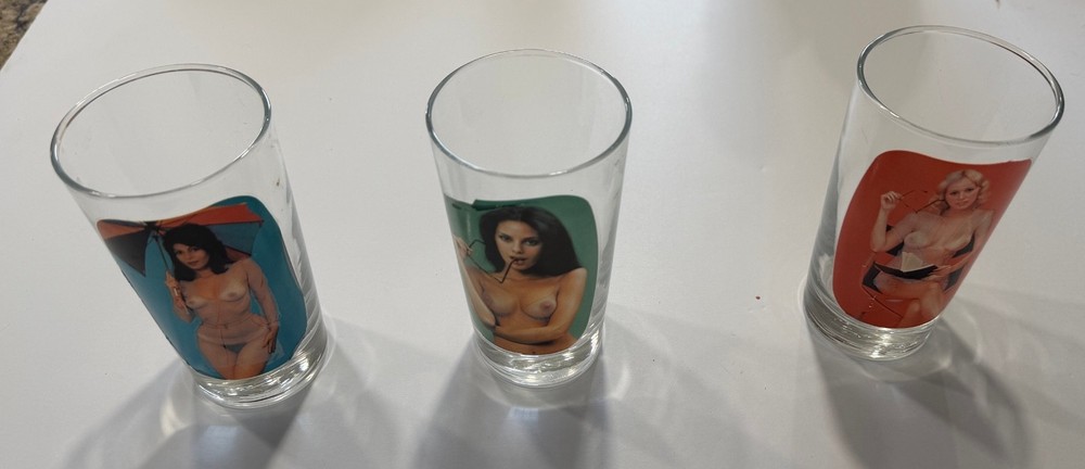 3 vintage STRIPTEASE pin up GLASS girl w/glasses GIRL w/umbrella girl w/book