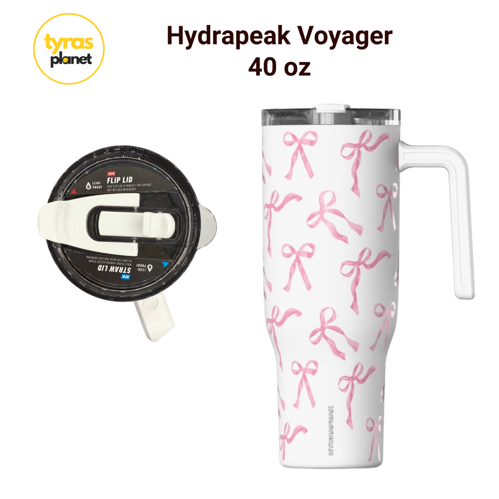 Hydrapeak Voyager 40 oz Tumbler Pink Bows Handle & Straw, Leakproof NEW