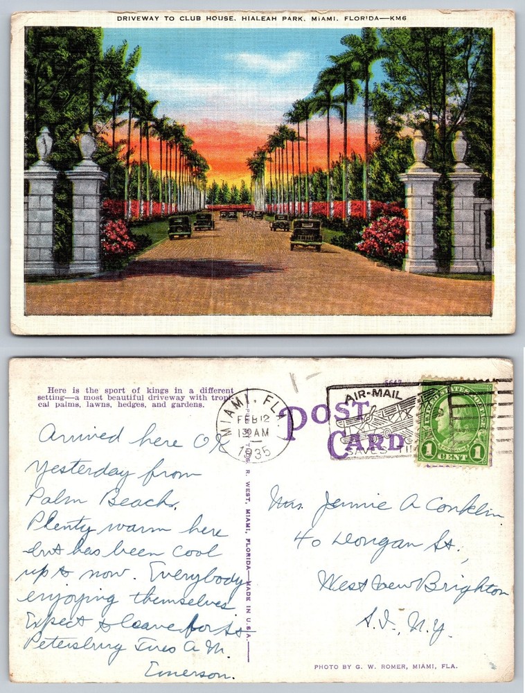 Hialeah Park Miami FL 1935 Linen Postcard Driveway Vintage Cars Palm Trees
