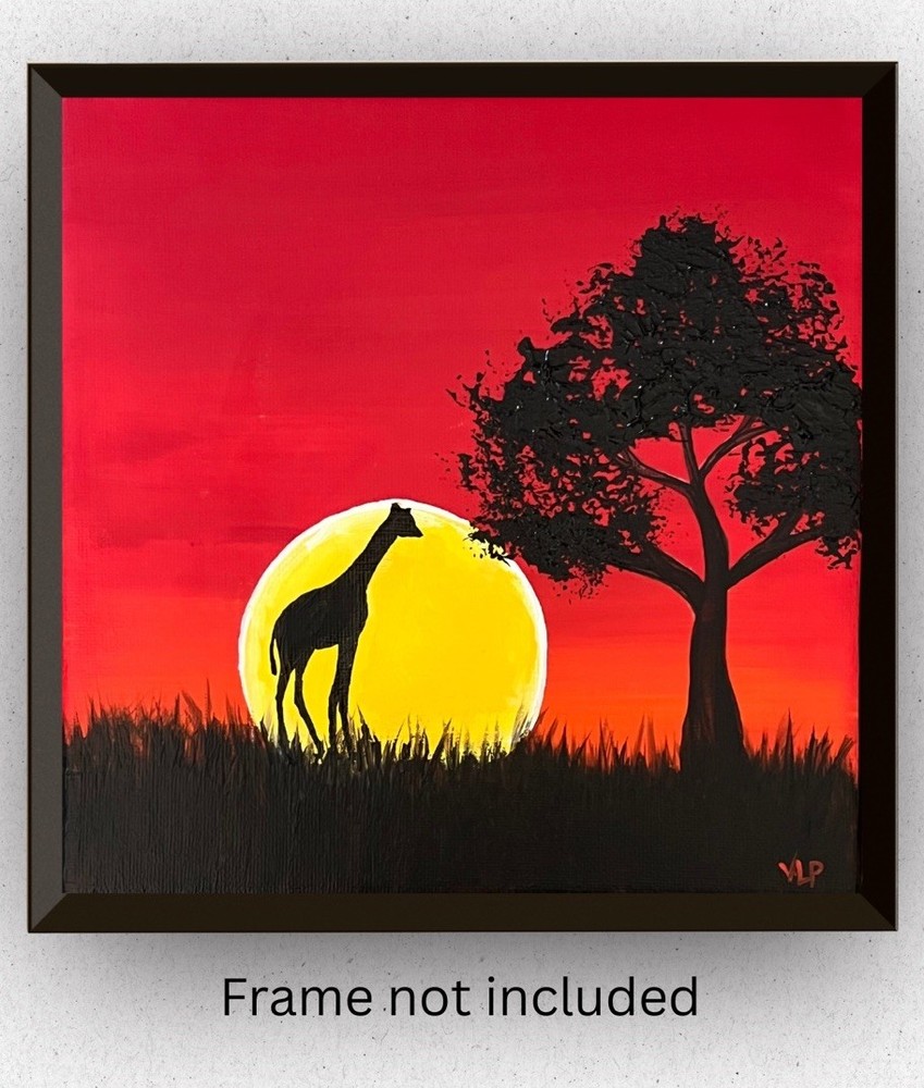 African Savannah Sunset Giraffe Abstract Original Acrylic 8x8” Canvas VLP