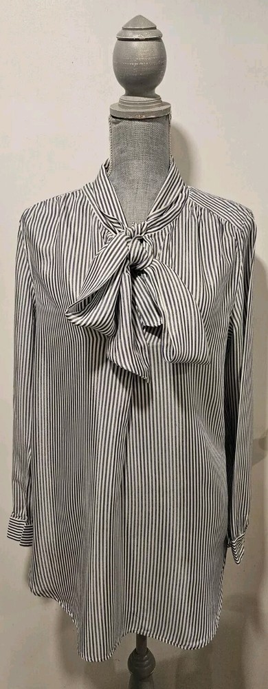 Ann Taylor Loft Medium Blue White Striped Neck Tie Blouse Button Down Shirt