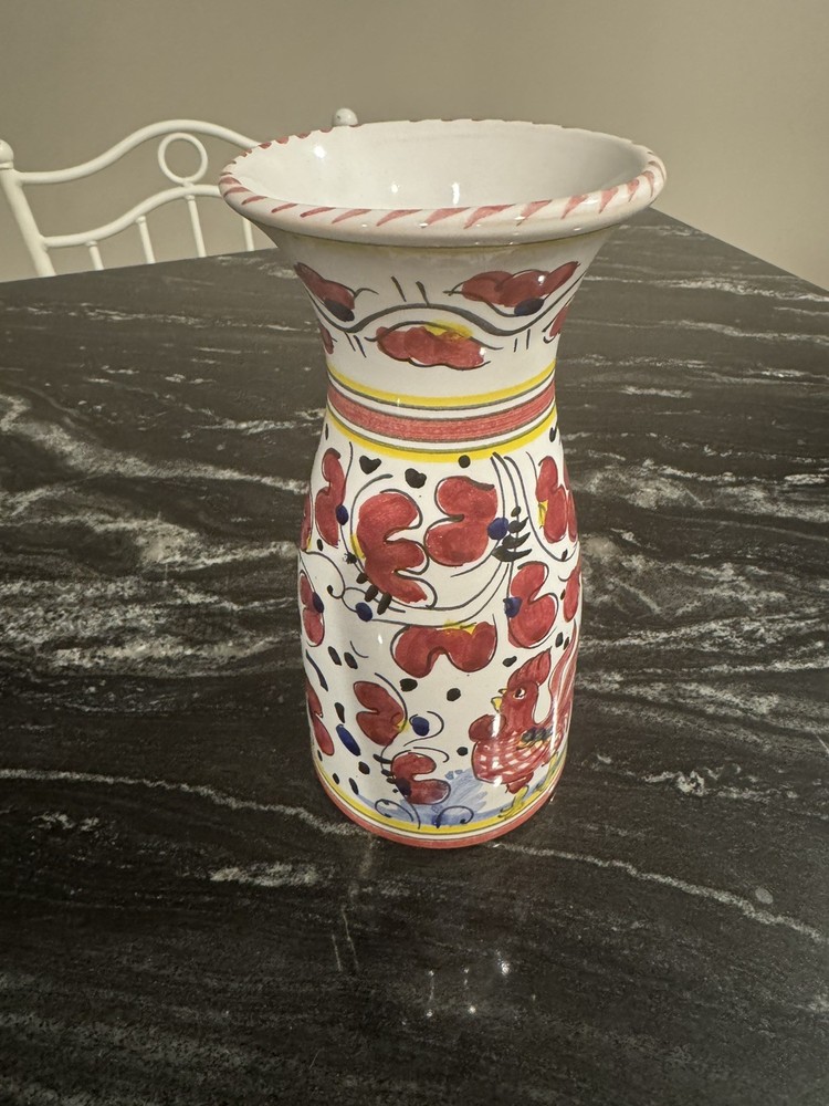 Cama Deruta hand-painted ceramic pottery red rooster bird vase Italy 7.75