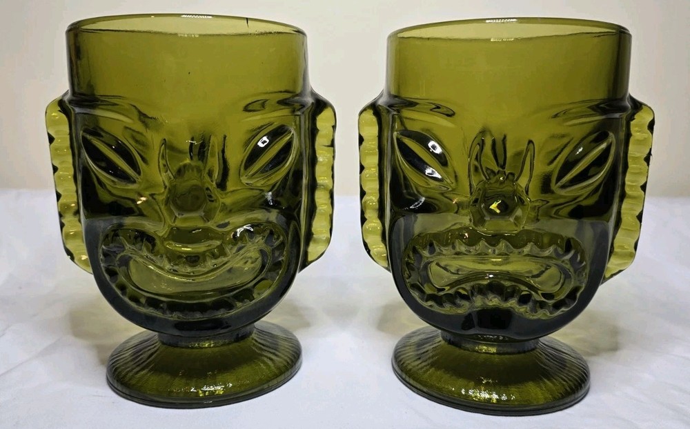 Vintage Indiana Glass Green Tiki Goblet Happy Sad Face Pedestal Cups Set of 2