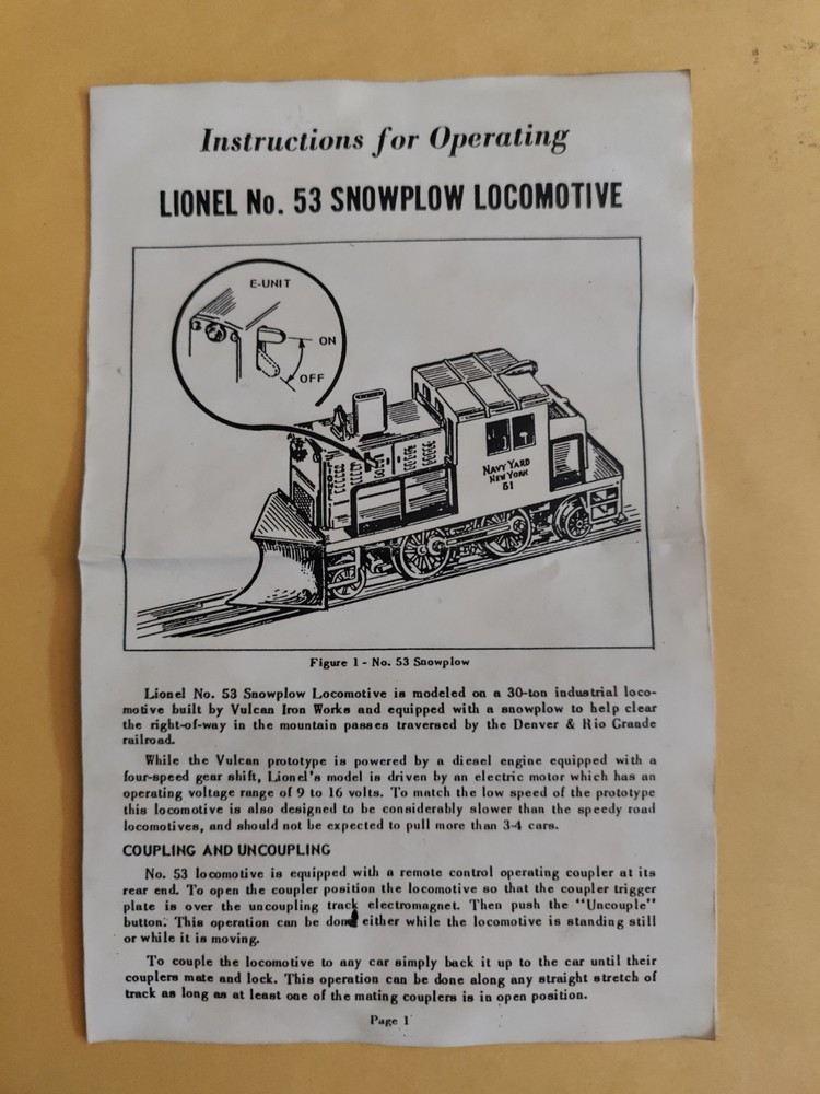 Lionel 53  Rio Grand Snow Plow Loco Instruction Dated 6/58 Postwar
