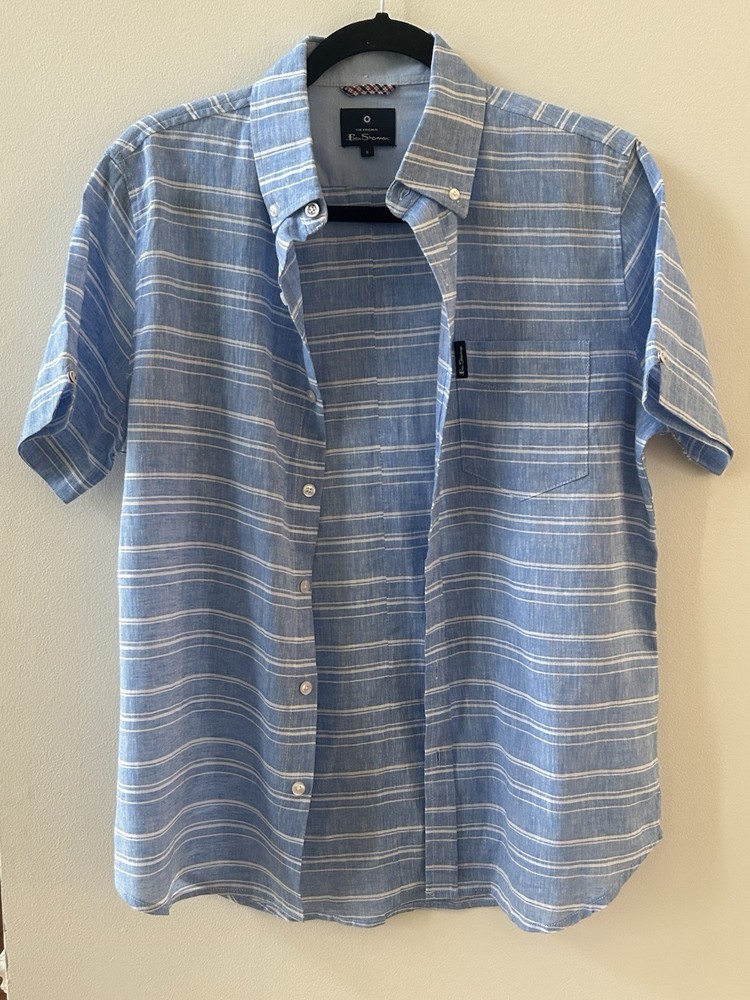 Ben Sherman Men’s Small Blue White Stripe Linen Button Down Short Sleeve Shirt
