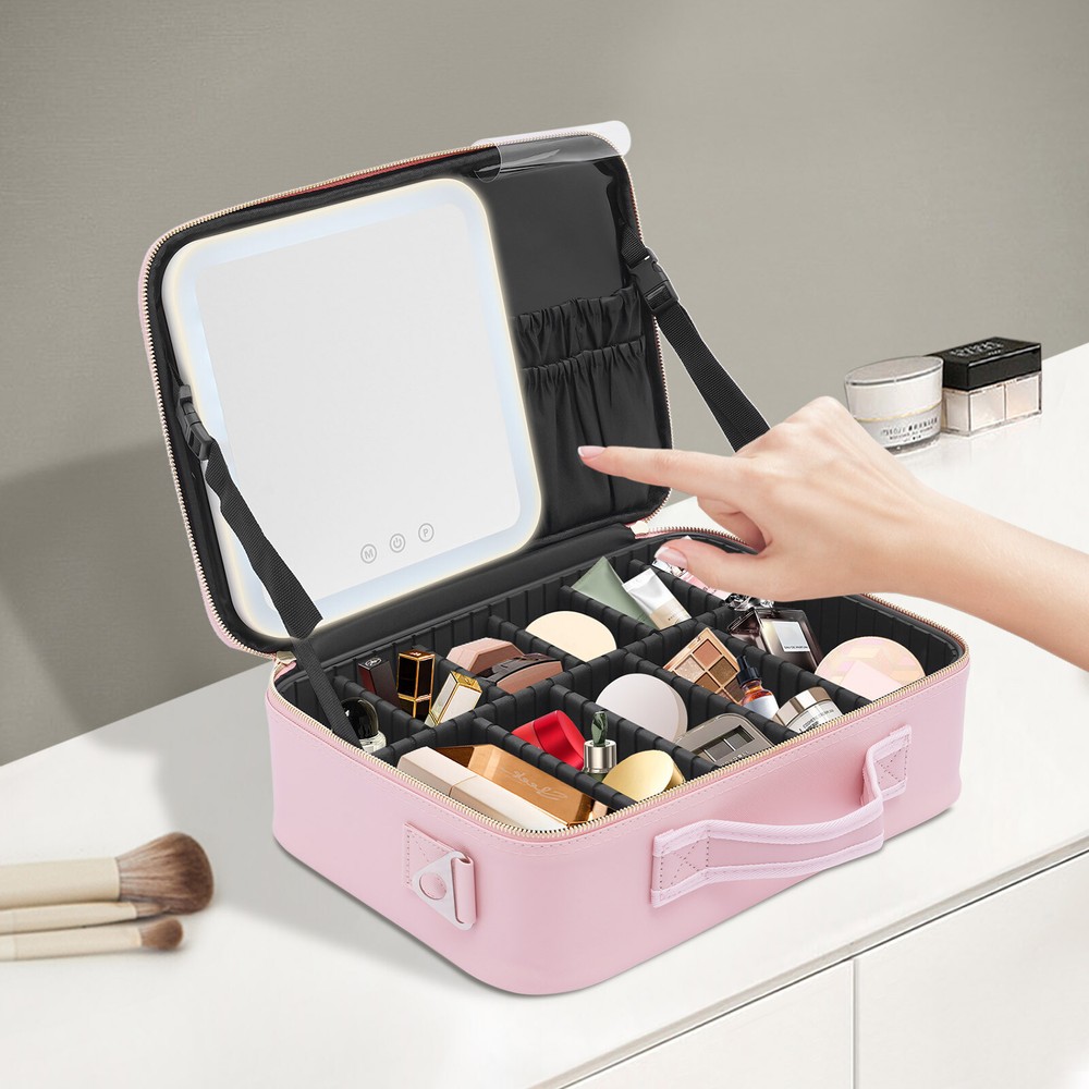 Portable Pink Makeup Bag with Mirror LED Lights and Adjustable Shoulder Strap 5V
