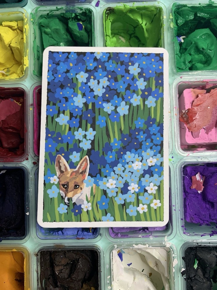 Original ACEO Fox In Blue Flowers Spring OOAK Miniature Acrylic Painting By KAZ