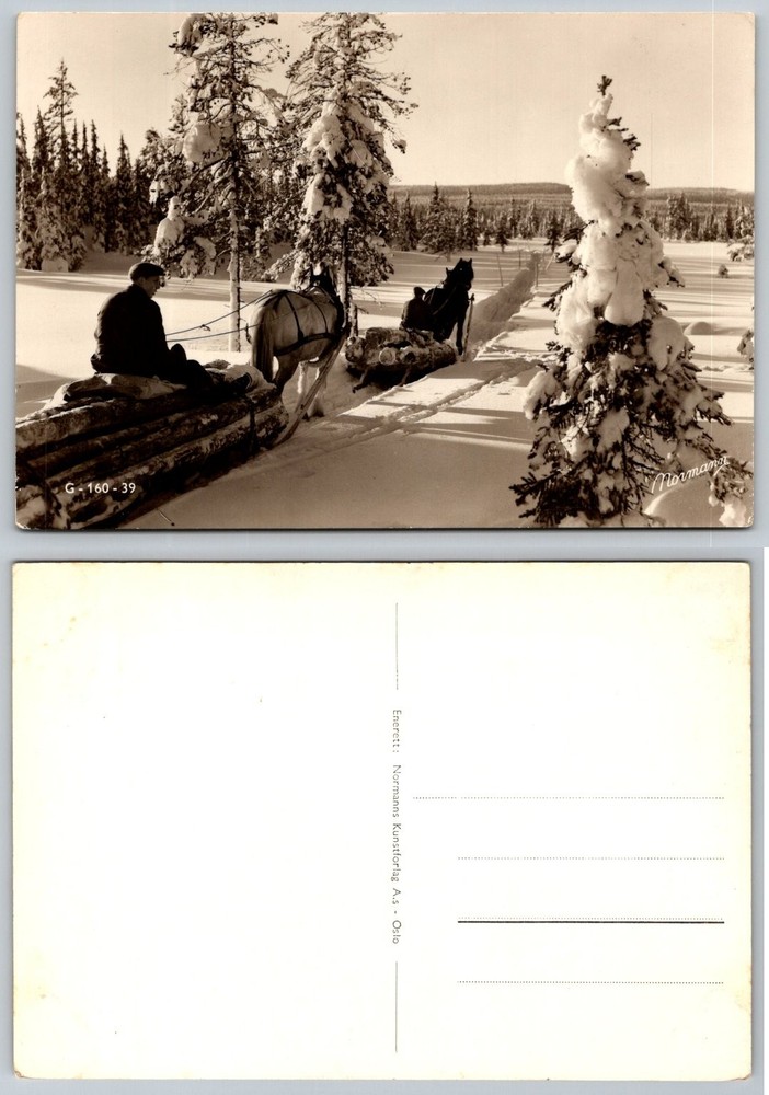 Vintage RPPC Norway Logging Winter Forest Horse Sled Normanns Oslo 1939 Postcard