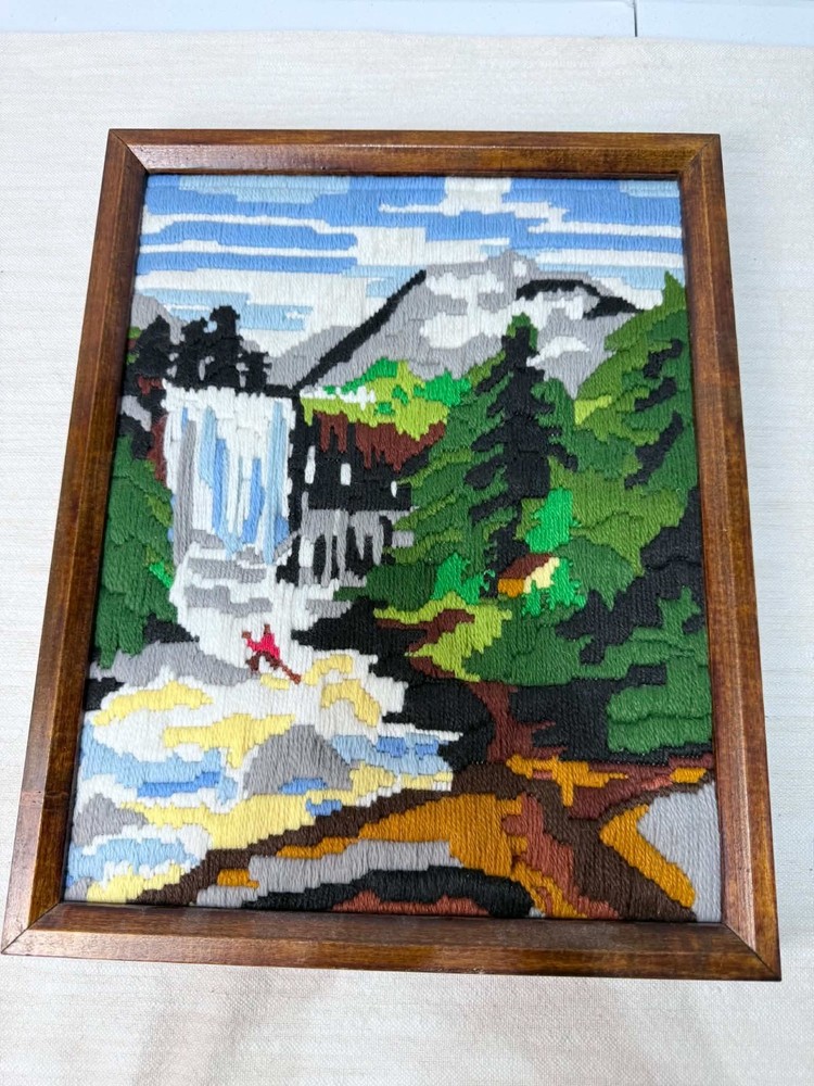 Vintage Needlepoint Landscape Waterfall Mountain Scene Framed Textile Wall Art
