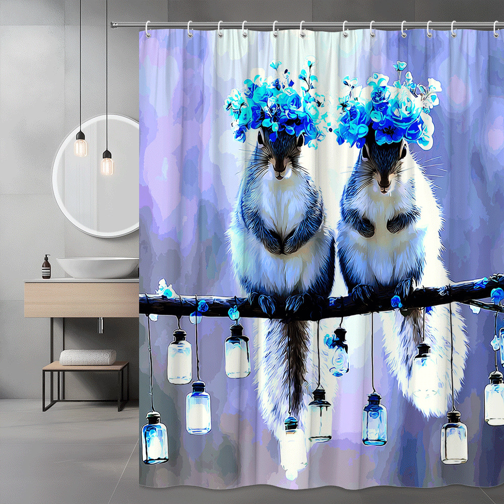 Cat Floral Shower Curtain Blue White Animal Print