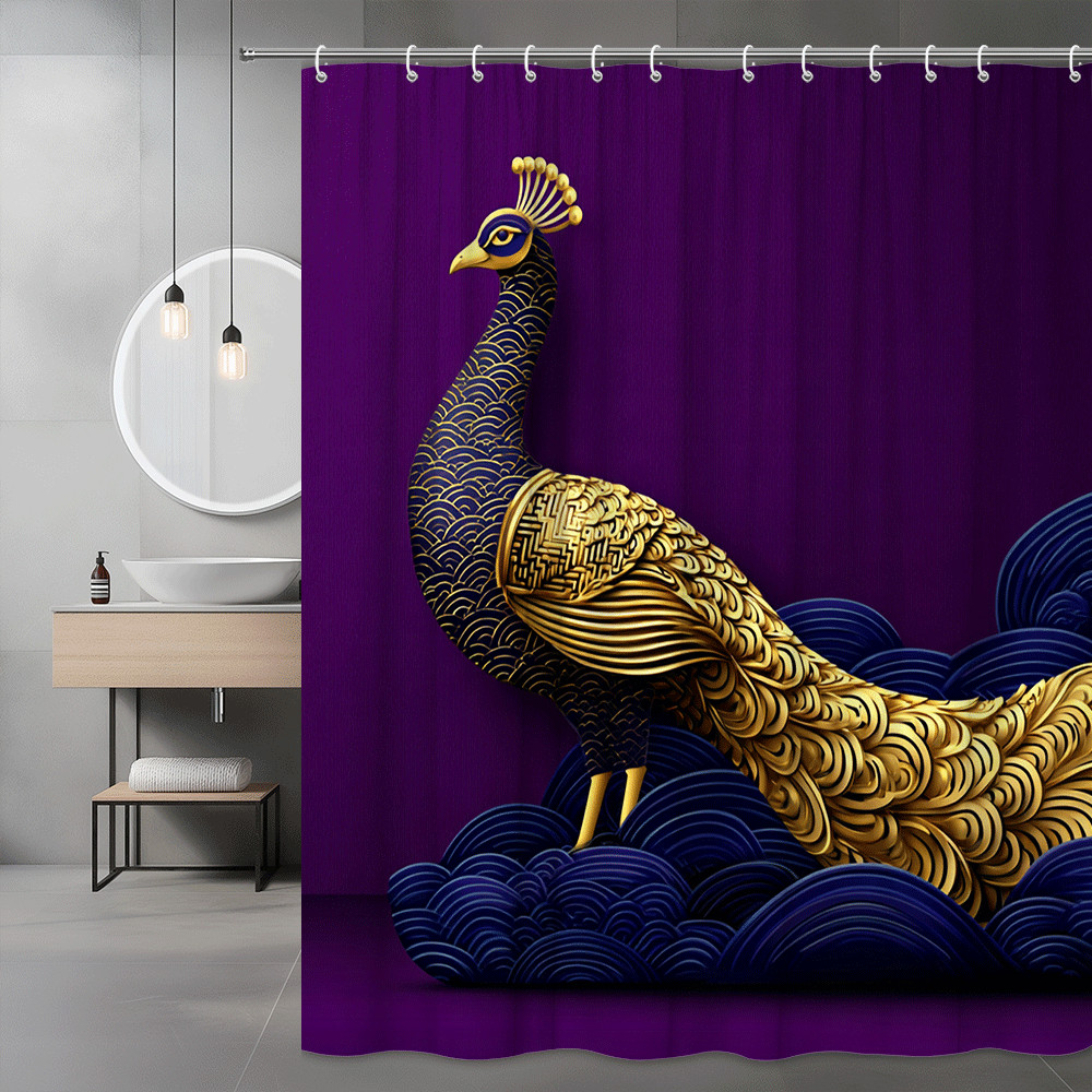 Peacock Shower Curtain Purple Gold Graphic Bird Print