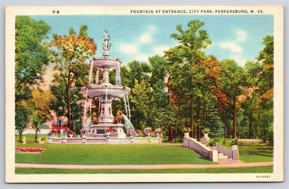 Parkersburg West Virginia~Fountain @ Entrance Of City Park~Vtg Linen Postcard