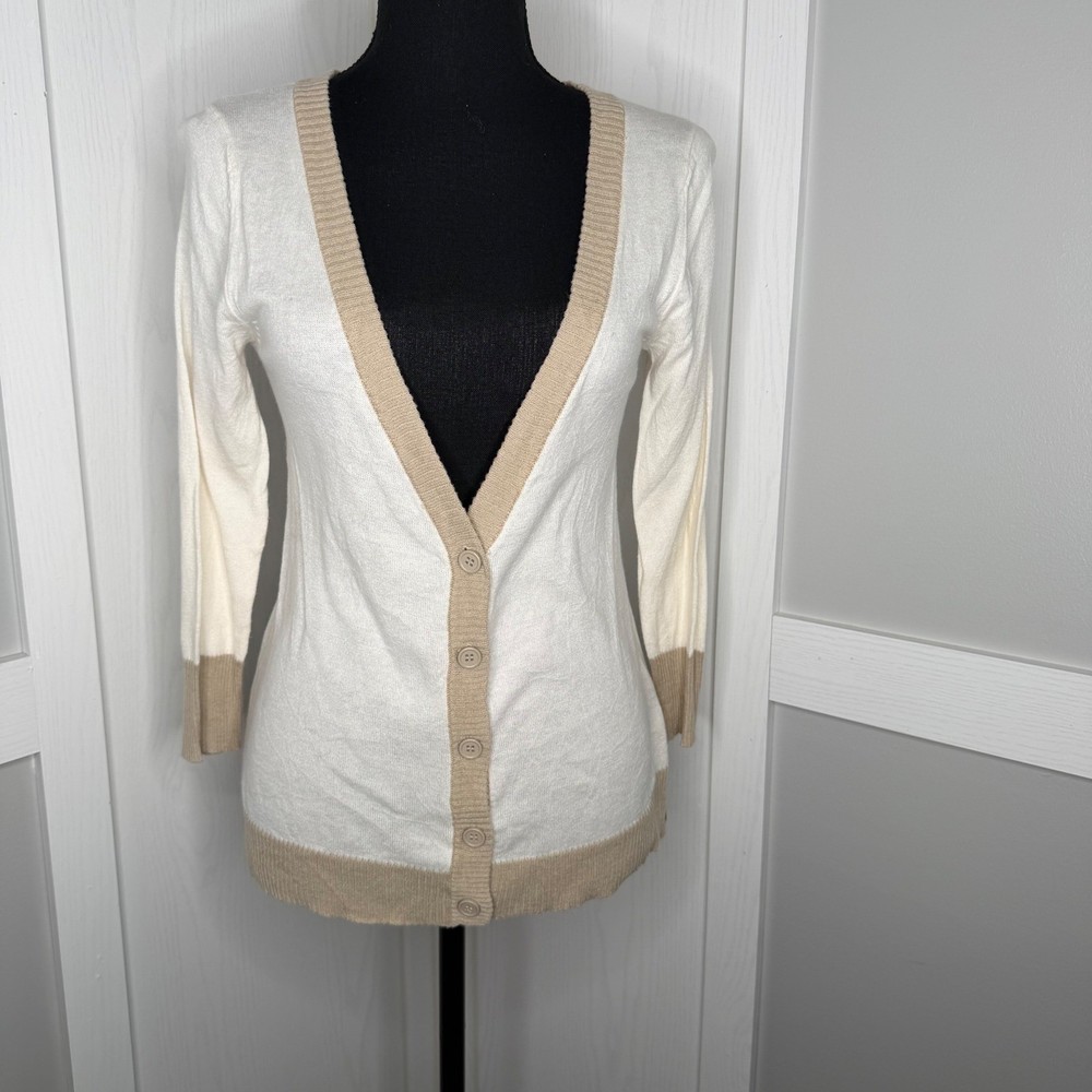 Xhilaration Cardigan Sweater Womens Small White Tan Colorblock V-Neck Button Up