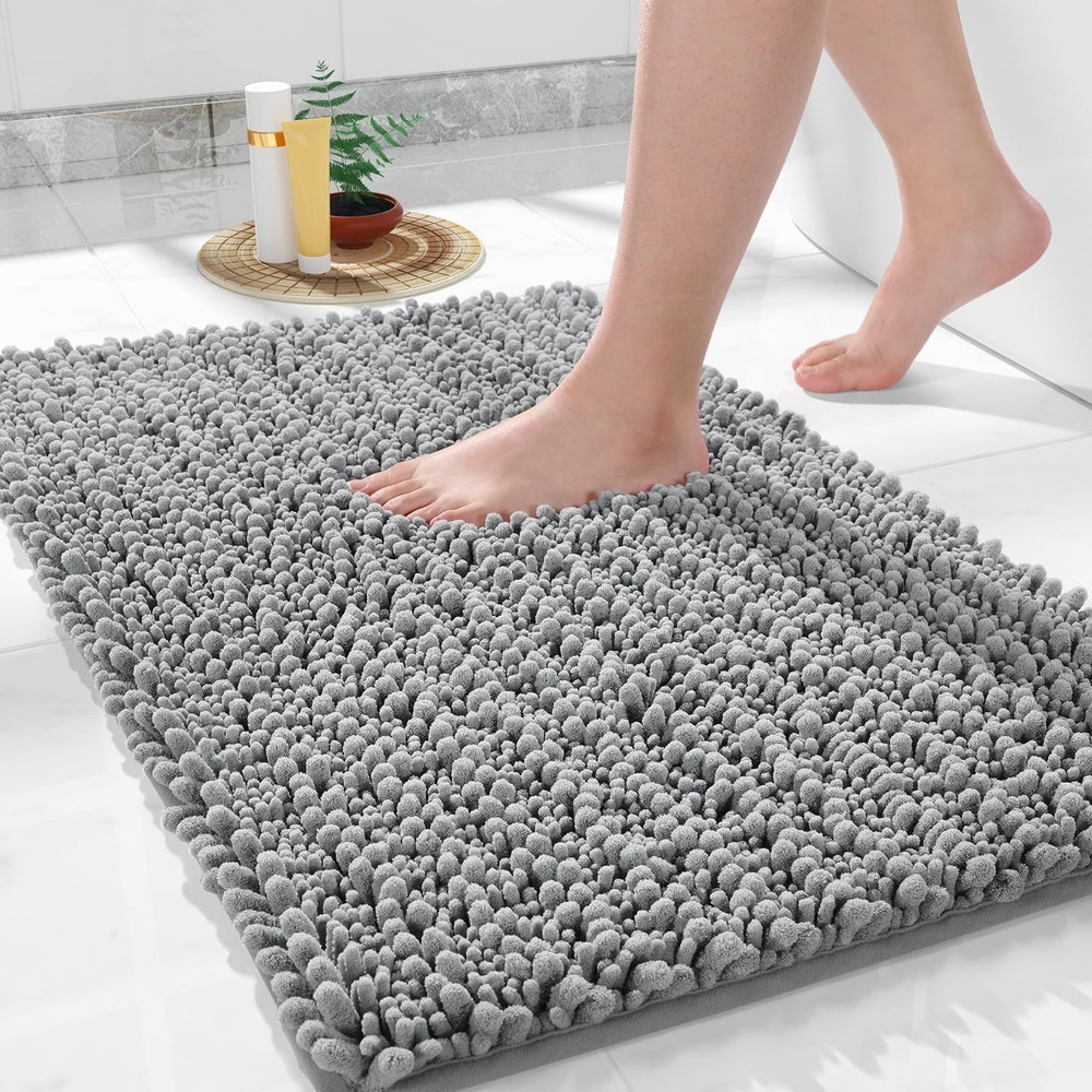 Luxury Gray Chenille Bathroom Rug 32x20 - Thick Absorbent Non-Slip Mat