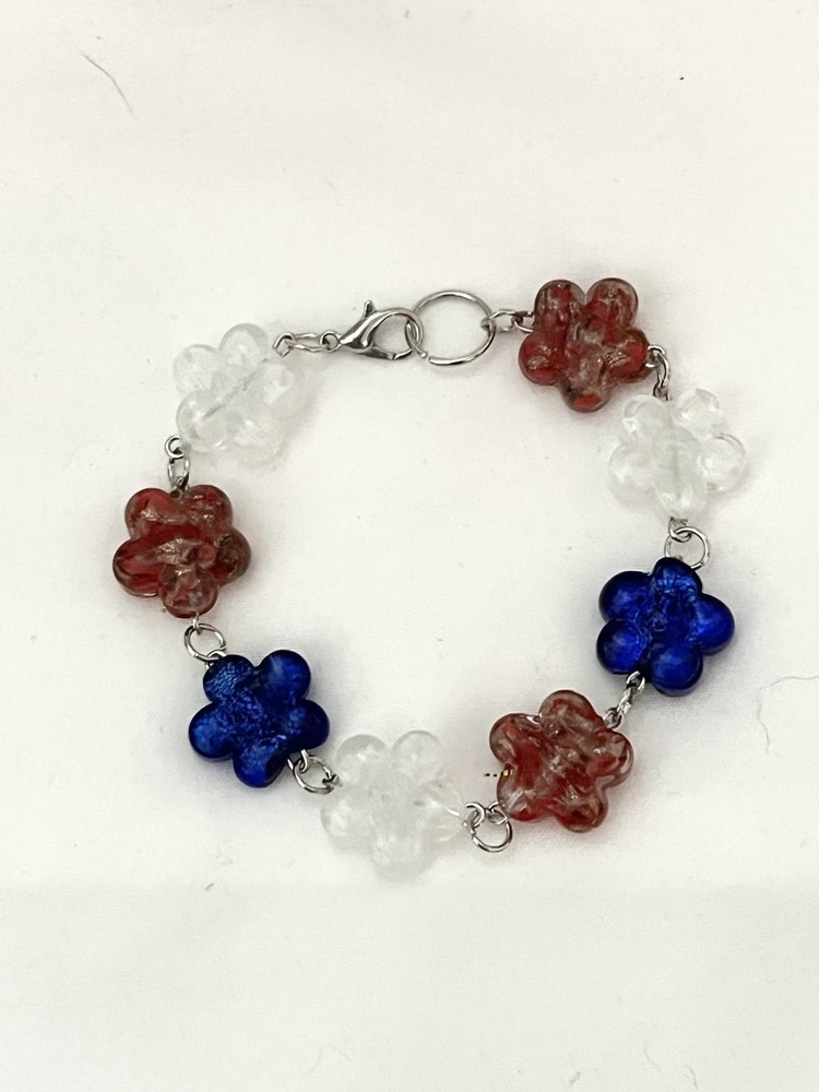 Handmade Patriotic Flower Motif Bracelet Red White Blue Silver 4th Of July