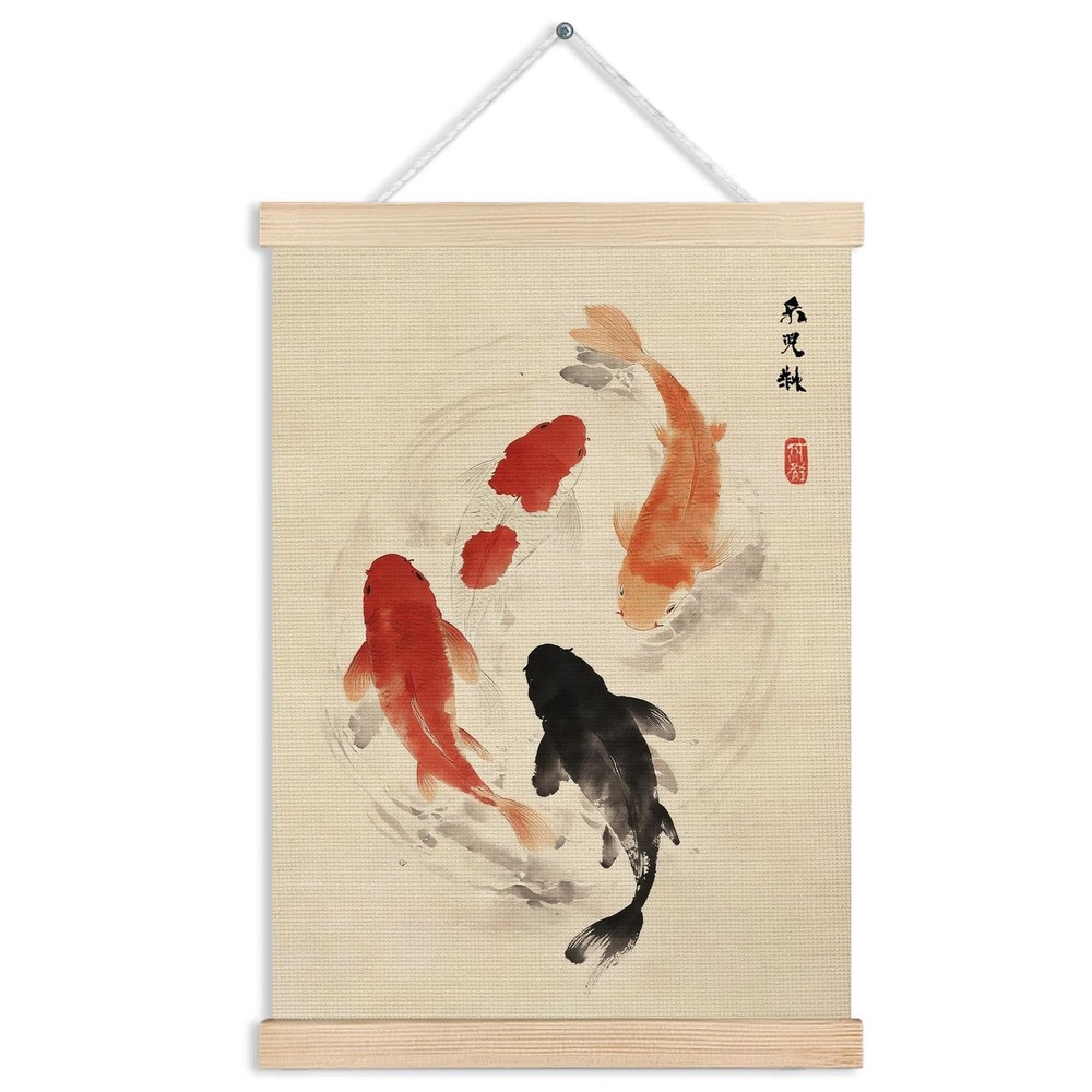 Koi Fish Wall Art Poster, Japanese Room Decor, Oriental Asian Lotus Pond Fish...