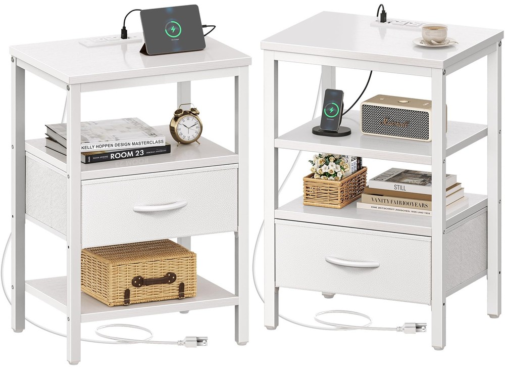 Nightstand Set of 2 with Charging Station and Adjustable Fabric Storage