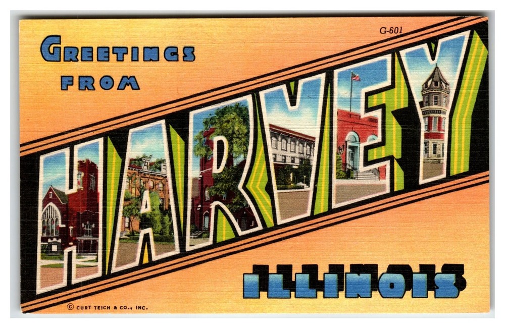 Greetings From Harvey Illinois Large Letter Curt Teich Postcard c.1930s