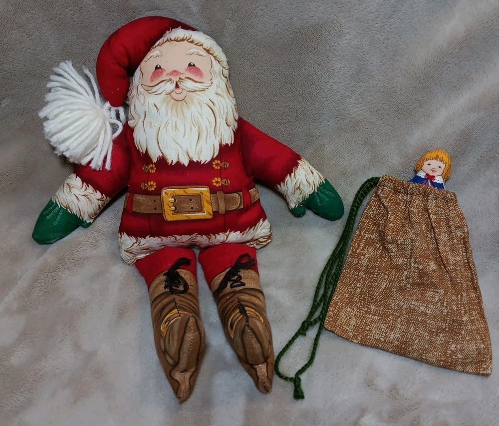 Santa Claus Plush Christmas Doll Pillow Shelf Sitter 13” w/Present Sack Stuffed