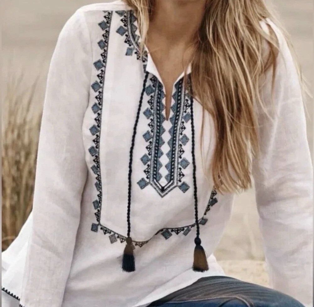 J Jill Love Linen Tunic Top Embroidered White Navy Size 4X Coastal Boho