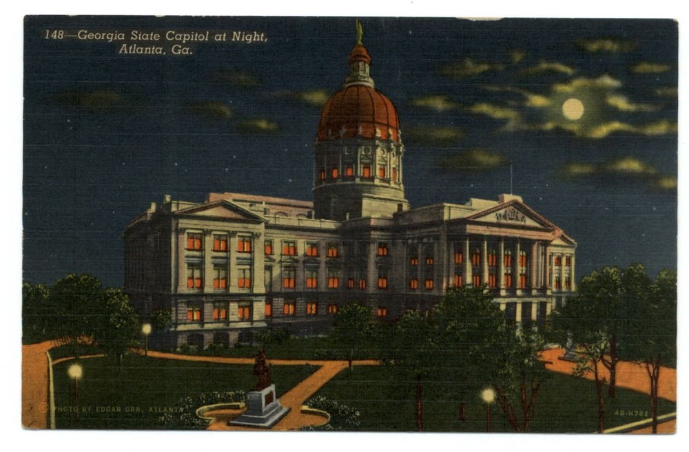 Georgia State Capitol Atlanta GA ~ night view ~ 1940s vintage postcard