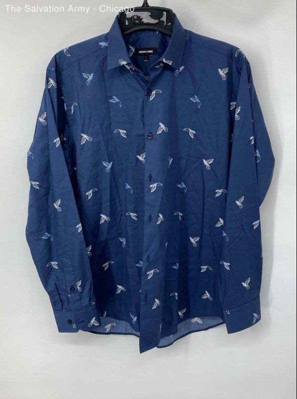 Jared Lang Mens Blue Bird Print Long Sleeve Collared Button-Up Shirt Size Large