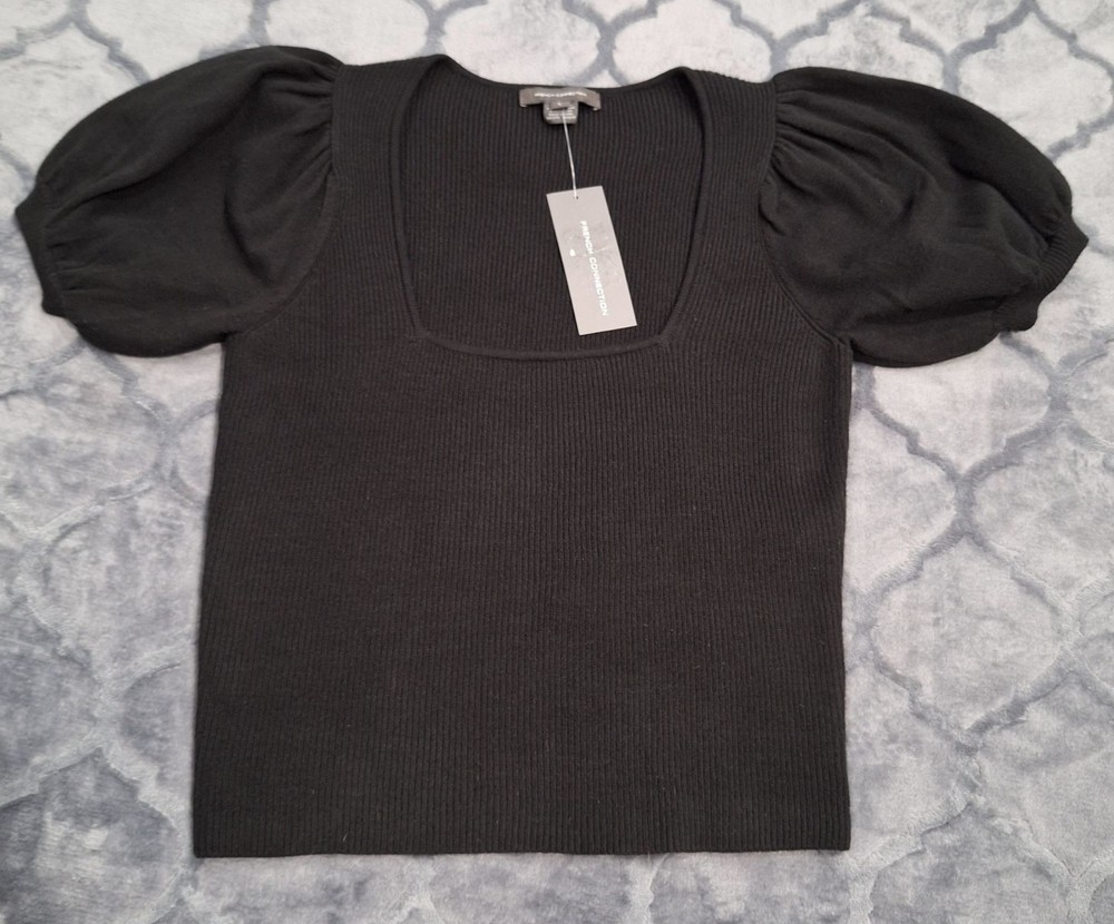 NEW French Connection Womens Black Ribbed Puff Sleeve Blouse/Sz. L