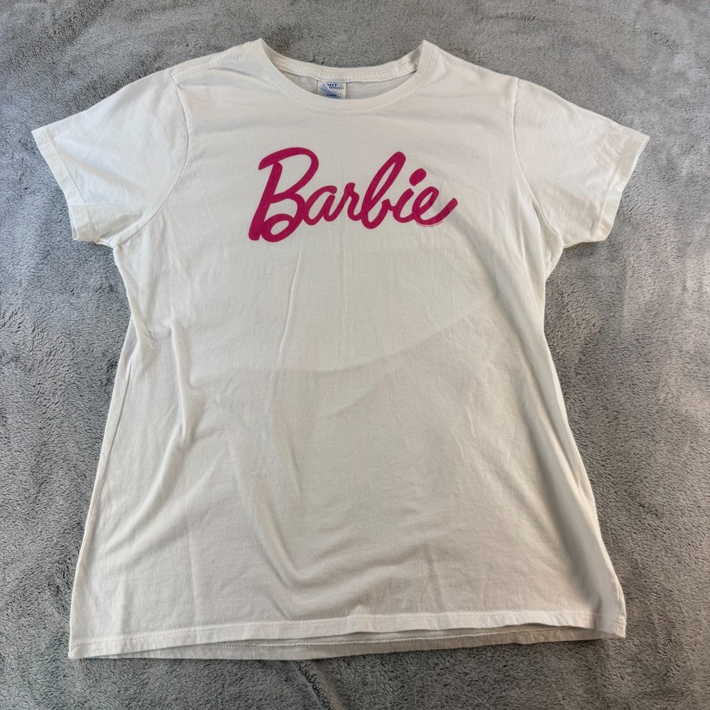 Barbie Graphic T Shirt Womens Large Pink Logo White Cotton Tee