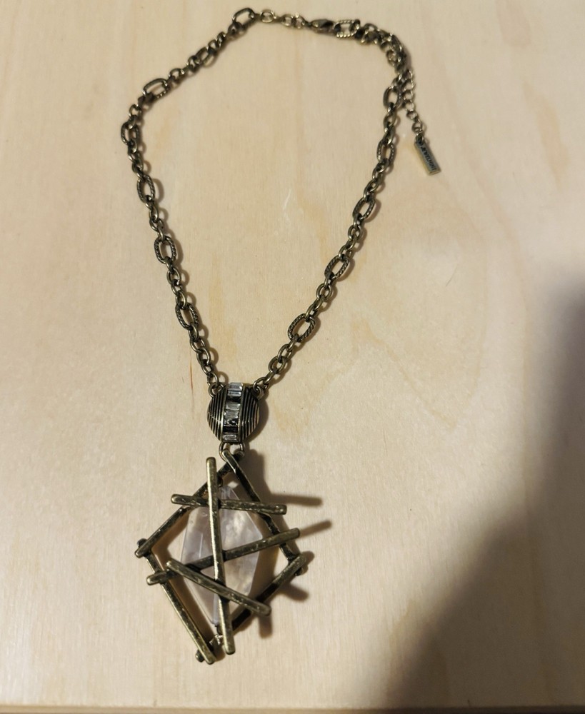 JewelMint VTG Geometric Cage Pendant Necklace Antique Brass Gold Crystal READ