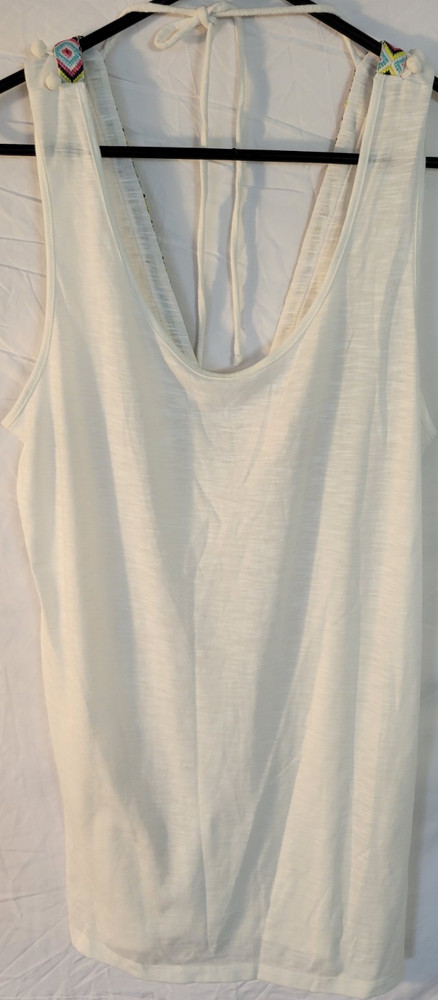 Xhilaration White Solid Knit Cotton V-Neck Sleeveless Tank Pom-Poms Women’s L