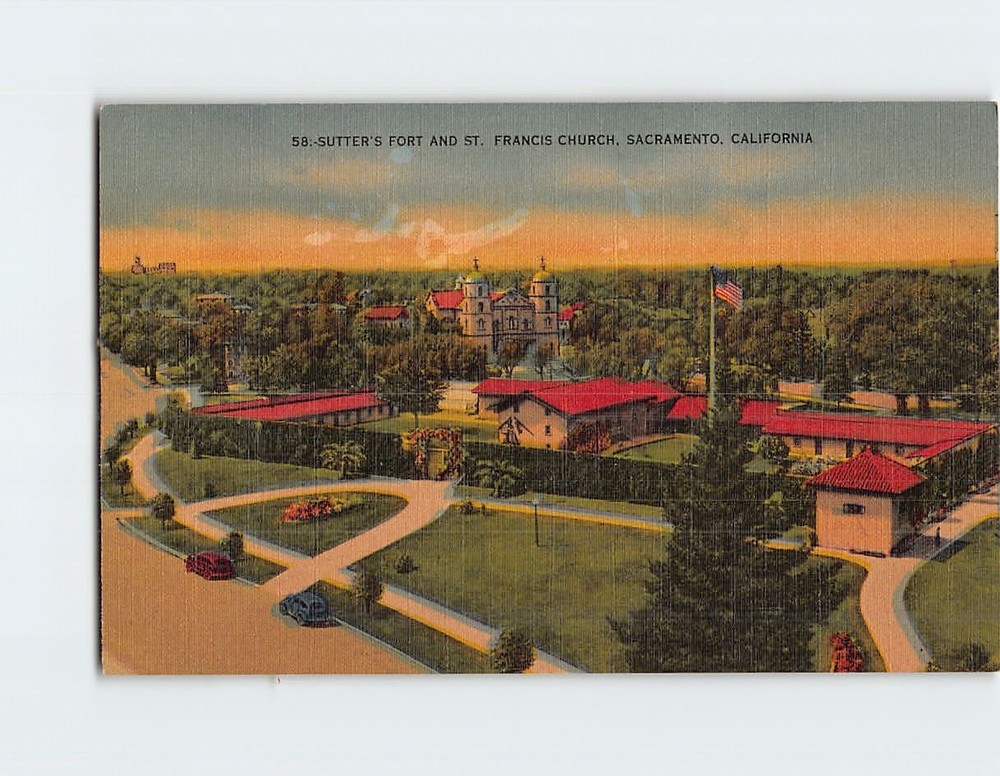 Postcard Sutter's Fort & St. Francis Church Sacramento California USA