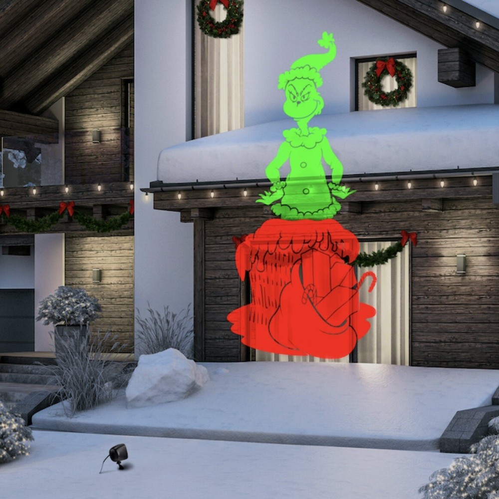 Grinch Lightshow LED Christmas Decor with Multi-Function Red Green Chimney Pop-Out Effect