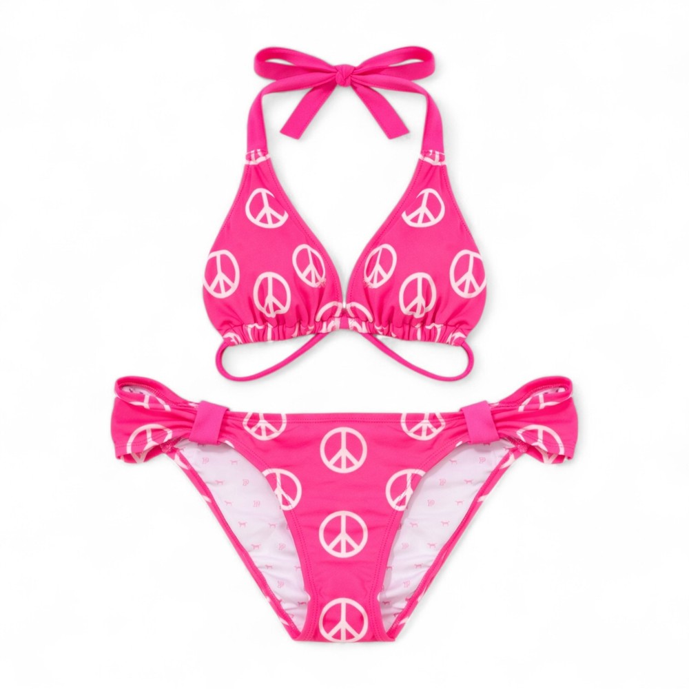 Rare VTG 08 VICTORIA'S SECRET PINK All Over White Peace Sign Y2K Bikini Set XS S