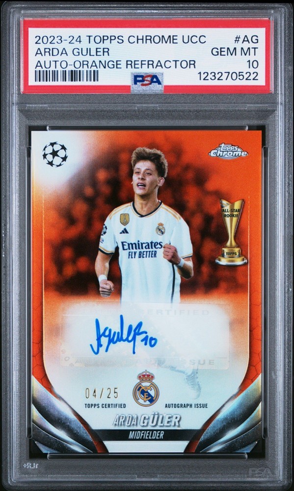 2023-24 Topps Chrome Soccer Arda Guler /25 Orange Refractor Auto PSA 10 Madrid