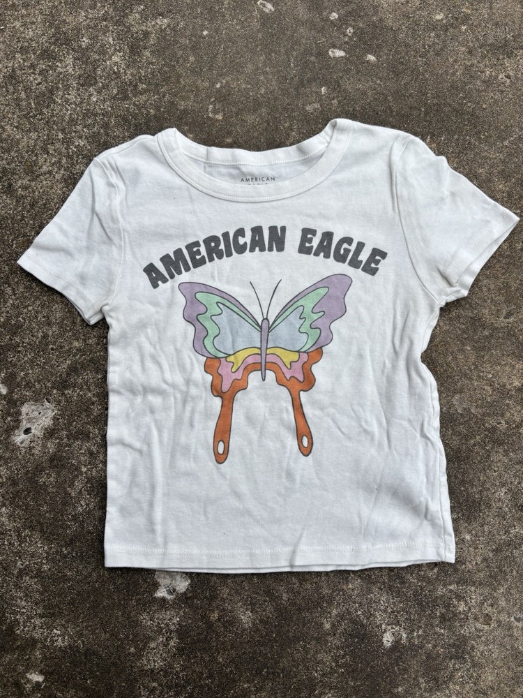 American Eagle White Cropped Butterfly Tee Size Medium
