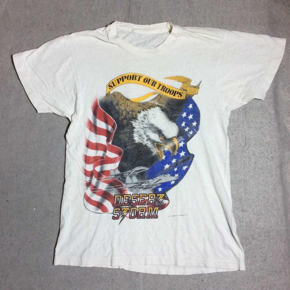 Vtg 90s Single Stitch Desert Storm Shirt Men's Sz S White Support Our Troops USA