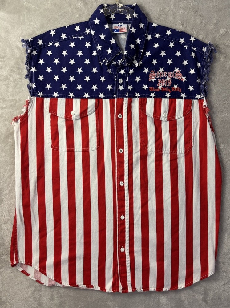 Sturgis 2019 Black Hills Rally American Flag Sleeveless Button Shirt Mens Large